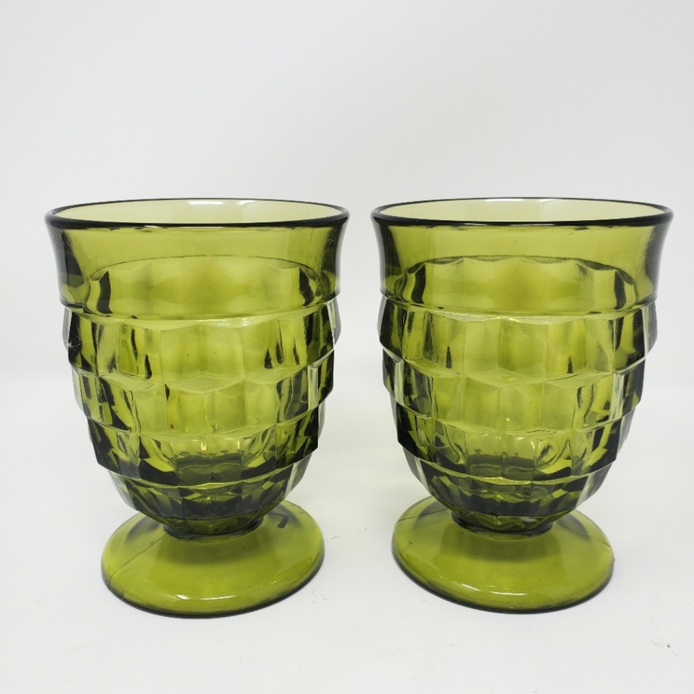 VTG Indiana Glass Whitehall Colony Avocado Green 10oz. Short Water Glasses